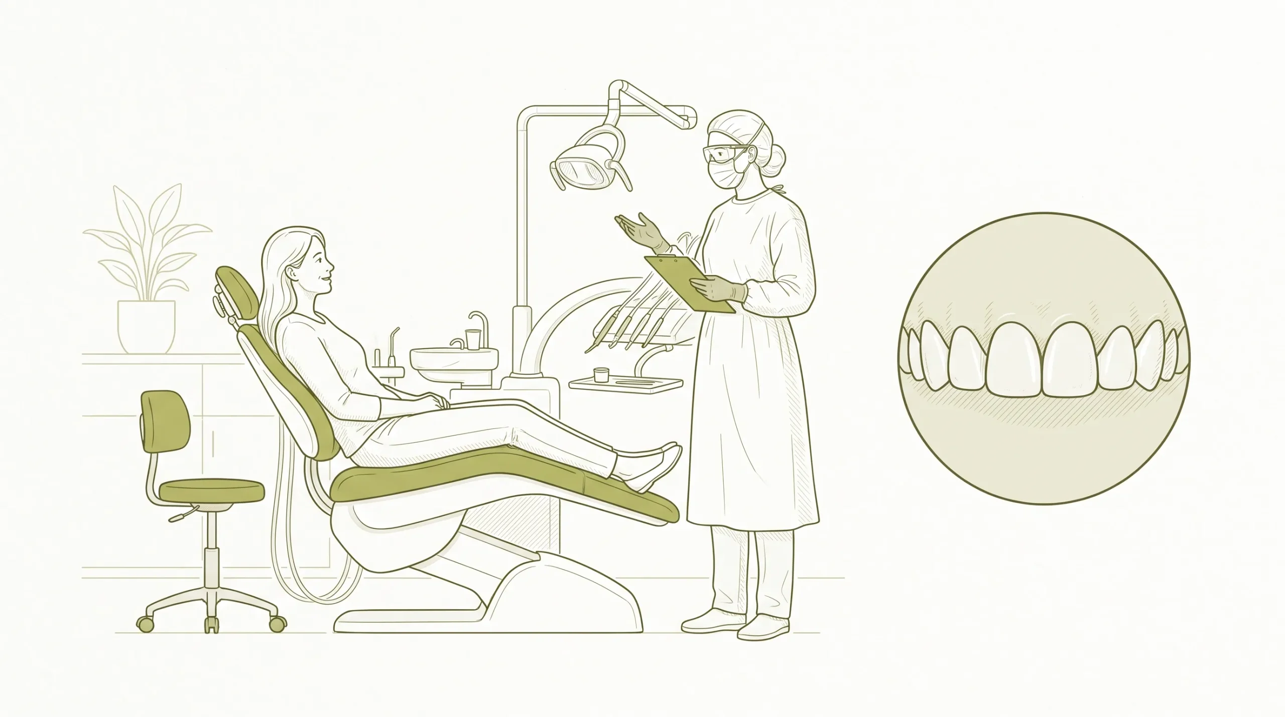 A dentist in proper clinical attire talks with an adult patient in a calm clinic room beside a small close-up of natural front teeth.