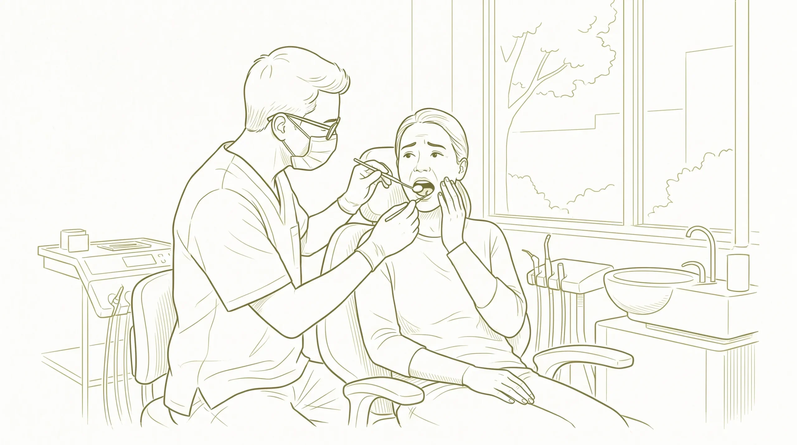 A dentist in scrubs examines a seated adult patient with tooth pain in a calm clinic room.
