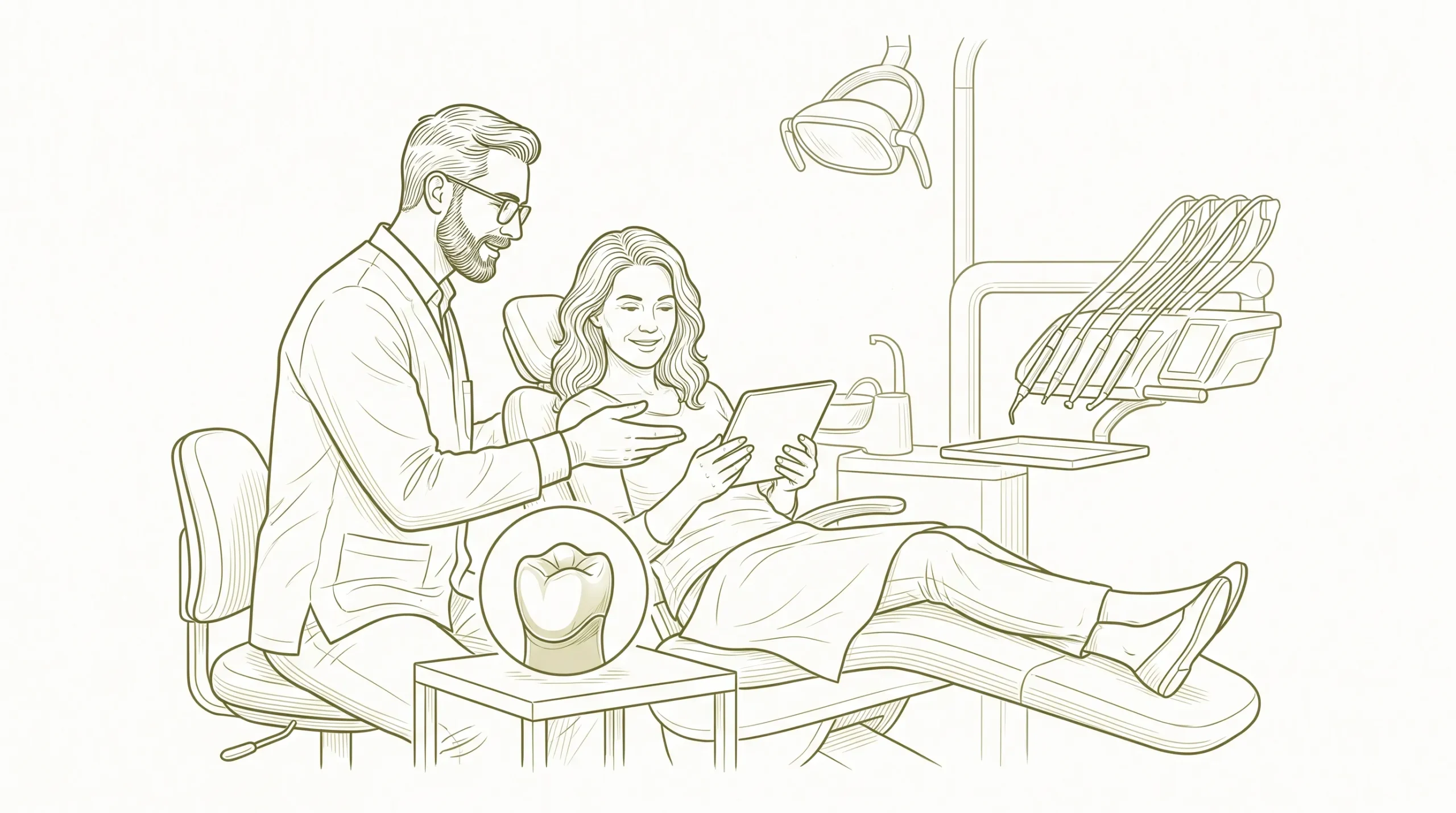 A dentist speaks with an adult patient beside a chair, with a small porcelain crown inset during a cosmetic dentistry consultation.