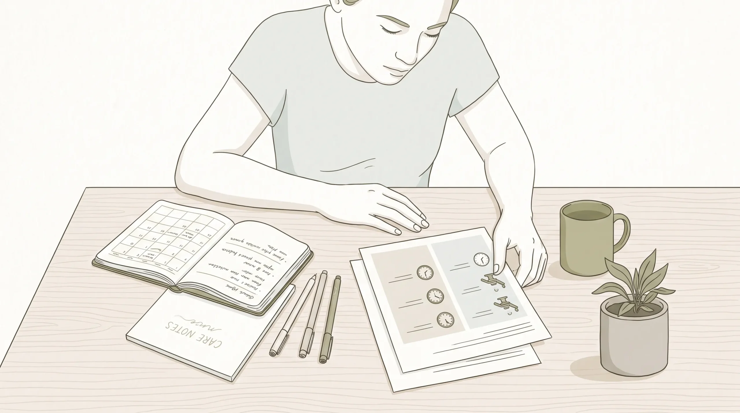 A person comparing dental appointment options at a table, with a notebook, a calendar and simple care notes arranged neatly.