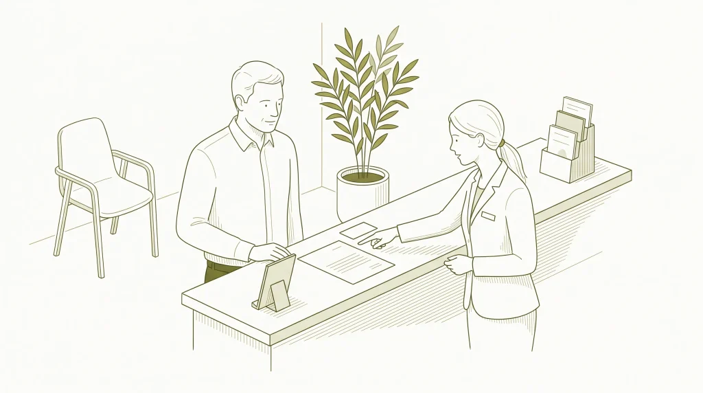 A private dental reception desk with a patient, appointment card and brochure holder suggests booking care.