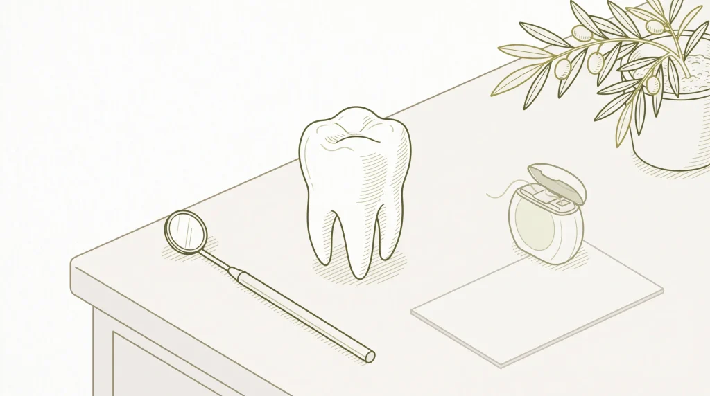 A tooth model with dental mirror, floss container and blank appointment card on a clinic desk.