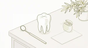 A tooth model with dental mirror, floss container and blank appointment card on a clinic desk.