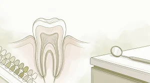 A tooth section with a shade guide and mirror sits on a clinic counter during cosmetic planning.