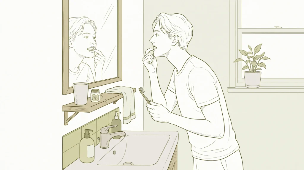 An adult checks the appearance of their teeth in a bathroom mirror before considering cosmetic dental work options.