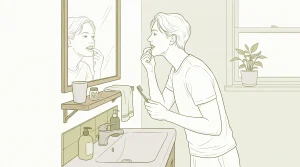 An adult checks the appearance of their teeth in a bathroom mirror before considering cosmetic dental work options.