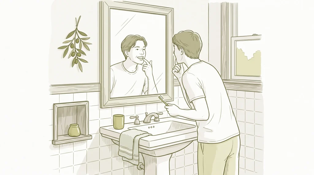 An adult checks their teeth and gums in a bathroom mirror after brushing at home.