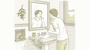 An adult checks their teeth and gums in a bathroom mirror after brushing at home.