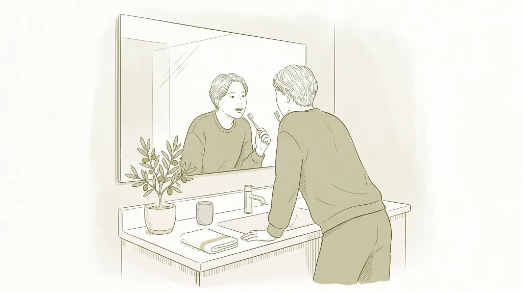 An adult checks their teeth in a bathroom after brushing before considering cleaning and whitening.