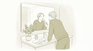 An adult checks their teeth in a bathroom after brushing before considering cleaning and whitening.