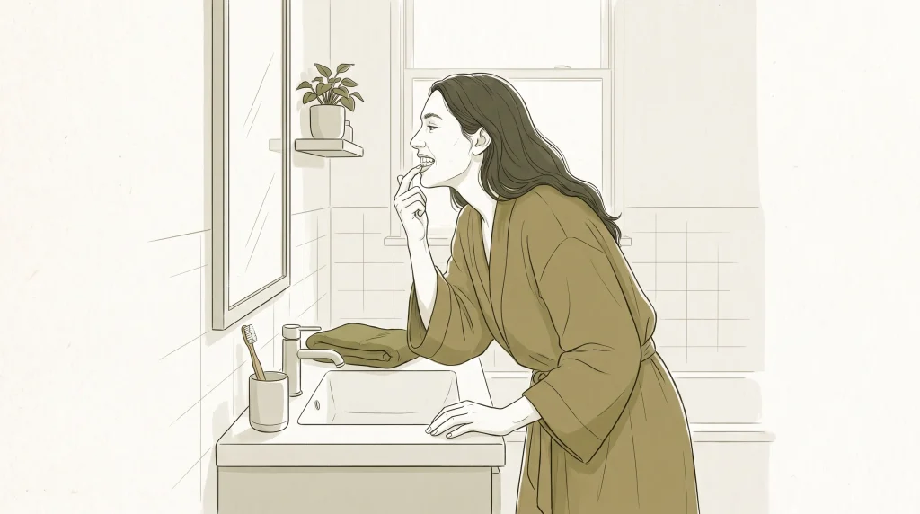 An adult checks tooth colour in a bathroom mirror while considering teeth whitening on the Gold Coast.