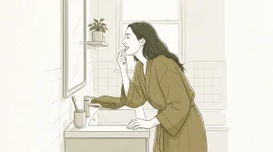 An adult checks tooth colour in a bathroom mirror while considering teeth whitening on the Gold Coast.
