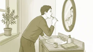 An adult looks at their teeth in the bathroom mirror after brushing and considers a dental check-up.