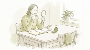 An adult reviews smile and braces goals at home with a hand mirror and aligner case on the table.