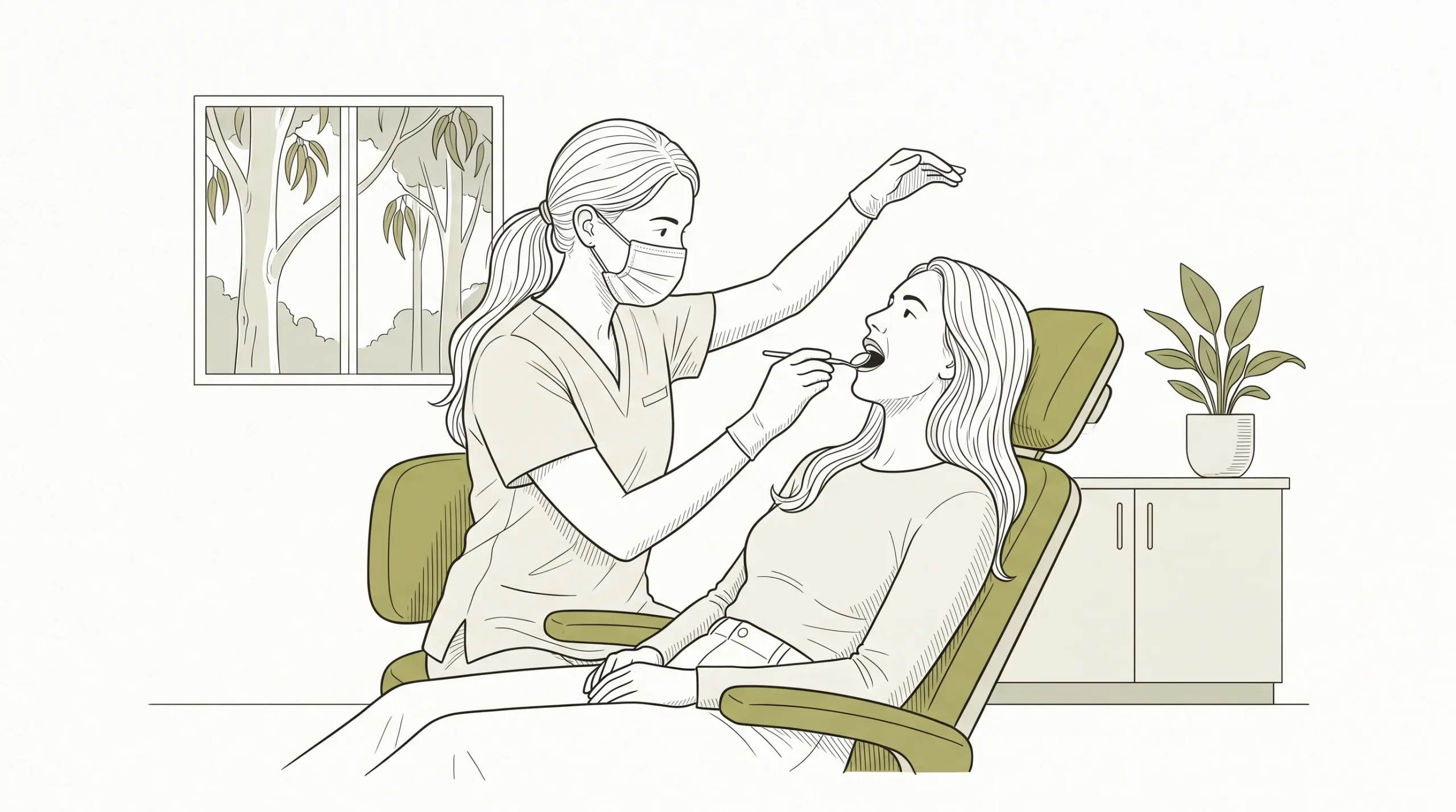 An Australian dental professional examines a seated adult patient with a mirror in a calm Robina clinic room.