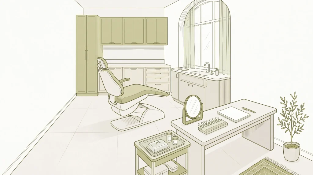 An organised dental consultation room ready for cosmetic smile planning, with chair, tray and shade guide in place.
