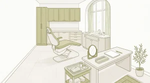 An organised dental consultation room ready for cosmetic smile planning, with chair, tray and shade guide in place.