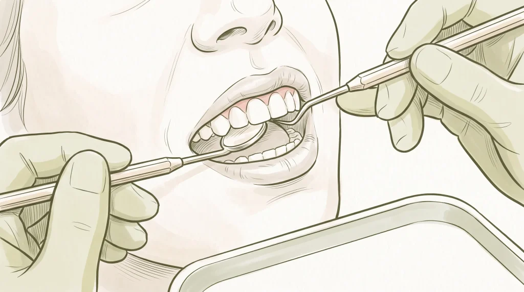 Close-up of a dental mirror and scaler at an adult’s gumline during teeth cleaning, with natural teeth and gums visible.