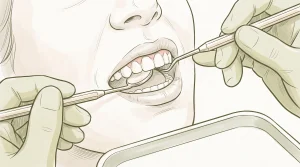 Close-up of a dental mirror and scaler at an adult’s gumline during teeth cleaning, with natural teeth and gums visible.