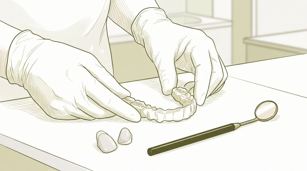 Gloved hands arrange a clear aligner tray beside a veneer sample and mirror on a clinic work surface.