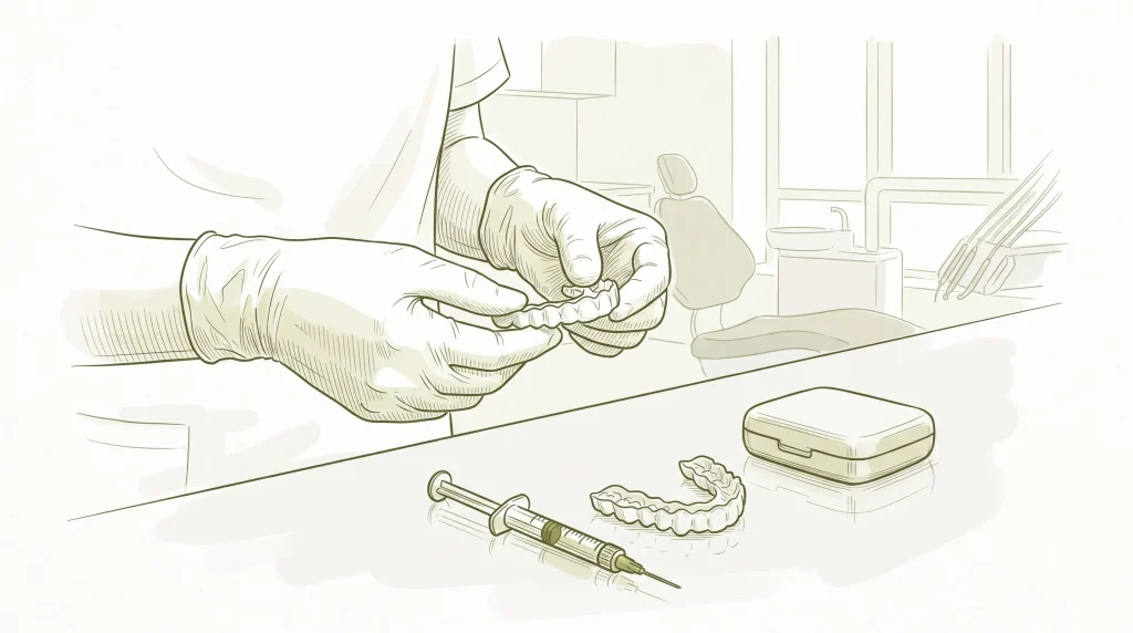 Gloved hands prepare a custom whitening tray with gel during a dental whitening appointment.