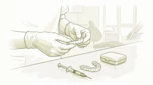 Gloved hands prepare a custom whitening tray with gel during a dental whitening appointment.