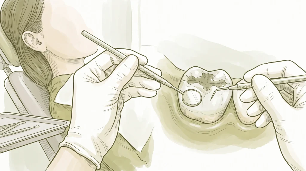 A close look at a molar filling being checked during a dental examination.