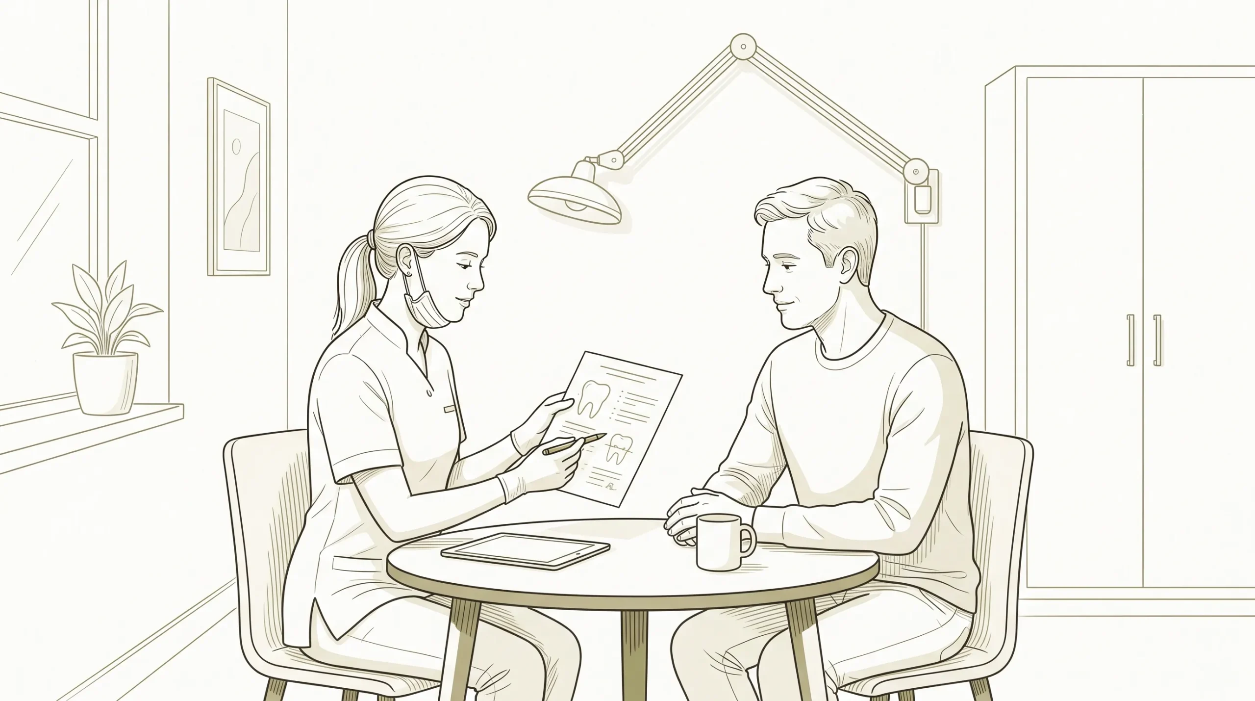 A dentist and adult patient discuss a filling estimate across a small table in a calm clinic room.