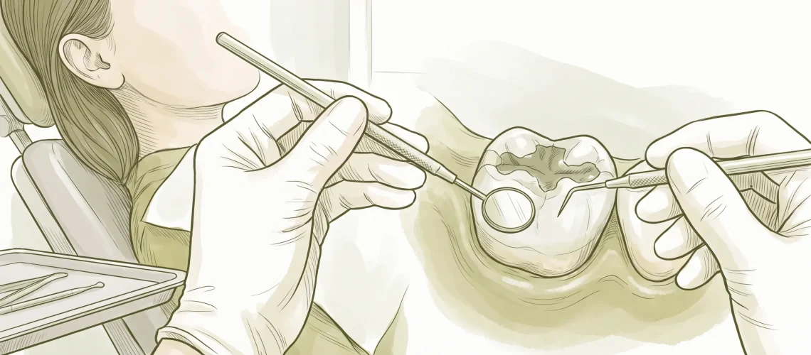 A close look at a molar filling being checked during a dental examination.
