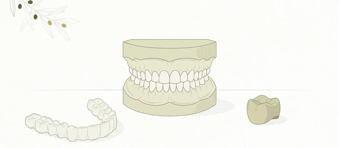 A dental arch model, clear aligner and crown form are arranged on a tidy clinic table.
