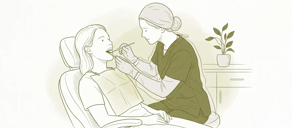 A dentist examines a patient’s mouth during a routine dental clean and check-up.