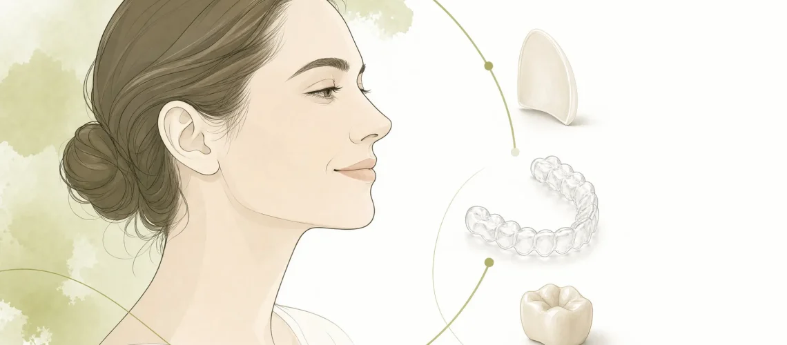 A facial profile is shown with veneer, aligner and crown options for cosmetic treatment planning.