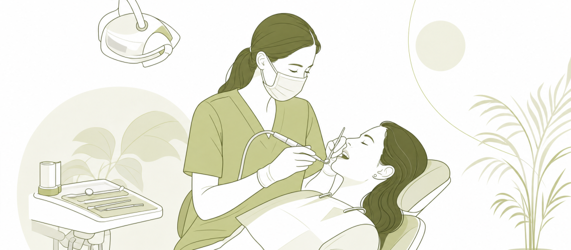 A patient and dental team member discuss a cleaning visit at the reception counter.