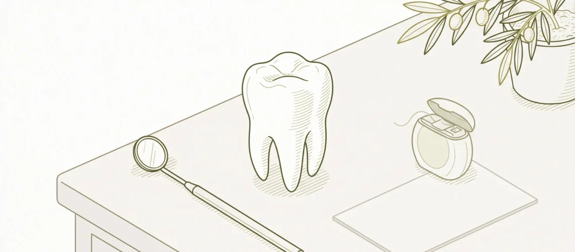 A tooth model with dental mirror, floss container and blank appointment card on a clinic desk.
