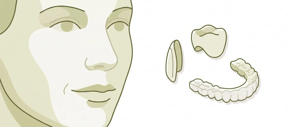 An adult profile sits beside veneer, crown and aligner forms in a cosmetic dentistry planning scene.