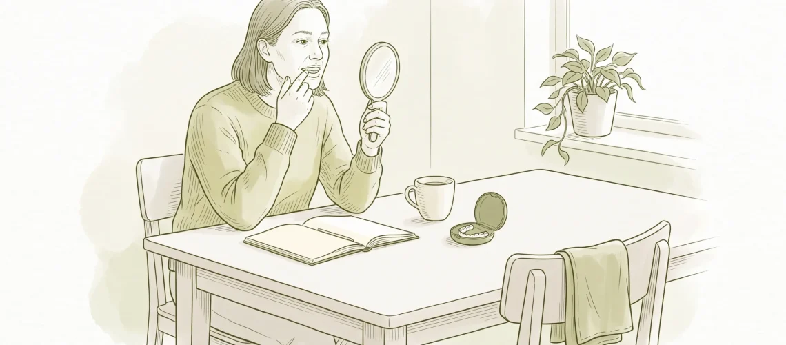 An adult reviews smile and braces goals at home with a hand mirror and aligner case on the table.