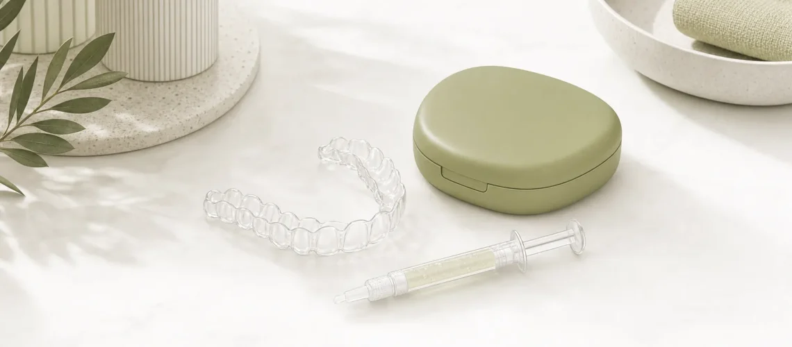 Custom whitening trays and a gel case are arranged neatly for a teeth whitening appointment.