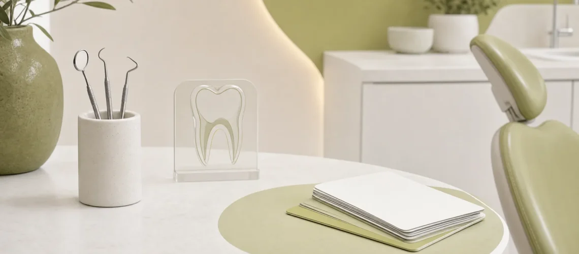 Dental tools and a tooth profile create a simple overview of a check-up and clean.