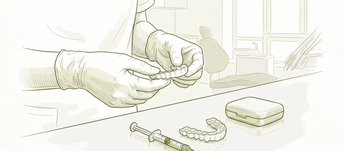 Gloved hands prepare a custom whitening tray with gel during a dental whitening appointment.
