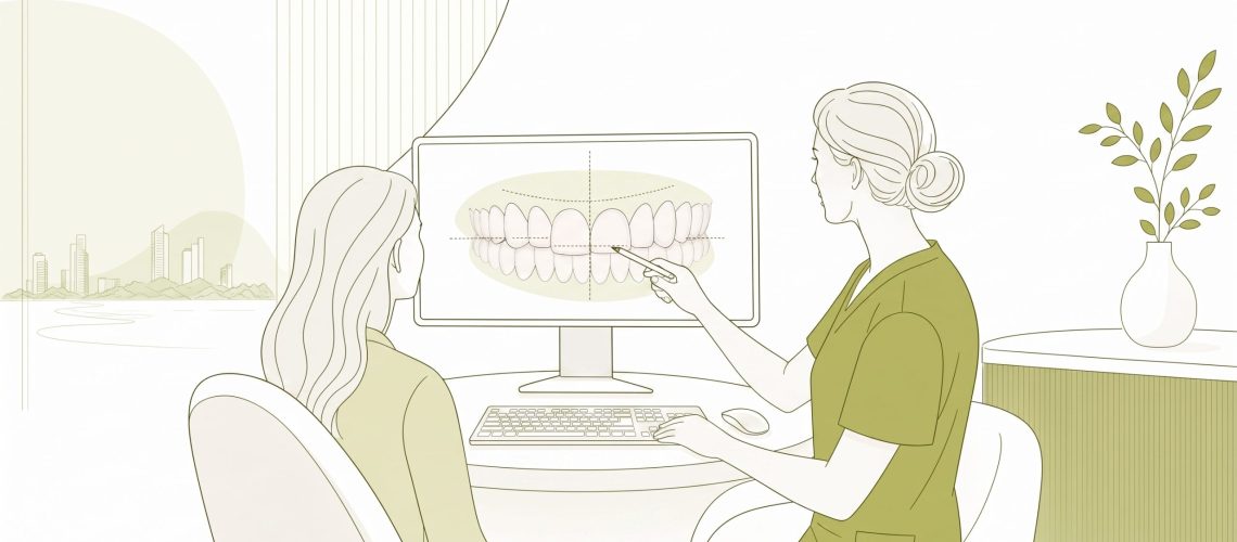 Porcelain veneers and a dental crown are arranged as cosmetic treatment options.