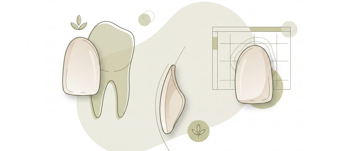 Several veneer shells are arranged beside a single tooth shape for cosmetic planning.